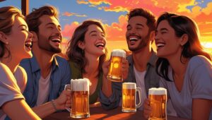 Mit Freunden ein „kühles Blondes“ trinken und sich gemeinsam erfreuen - Werbung für gain frame