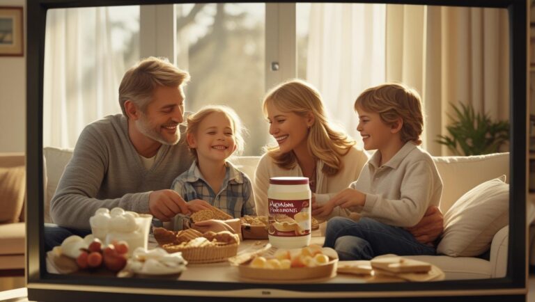 Glückliche Familie beim Frühstück mit sonnigem Wetter