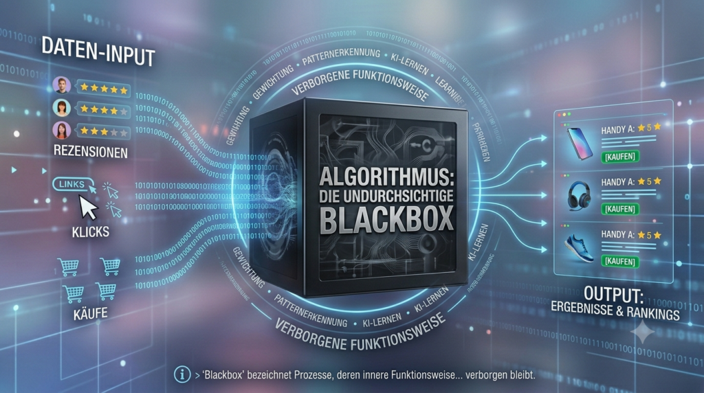 Das Bild zeigt zentral einen großen, dunklen Würfel mit der Aufschrift "ALGORITHMUS: DIE UNDURCHSICHTIGE BLACKBOX". Auf der linken Seite sieht man den "DATEN-INPUT" mit Symbolen für Rezensionen, Klicks und Käufe, von wo aus Datenströme in den Würfel fließen. Auf der rechten Seite ist der "OUTPUT" dargestellt, der Ergebnisse und Rankings zeigt, wie zum Beispiel Produkte mit Bewertungen. Der Würfel ist zudem von Begriffen wie "Pattern-Erkennung" und "KI-Lernen" umgeben, um die Komplexität zu visualisieren. Unten gibt es außerdem eine kurze Erklärung zum Begriff "Blackbox".